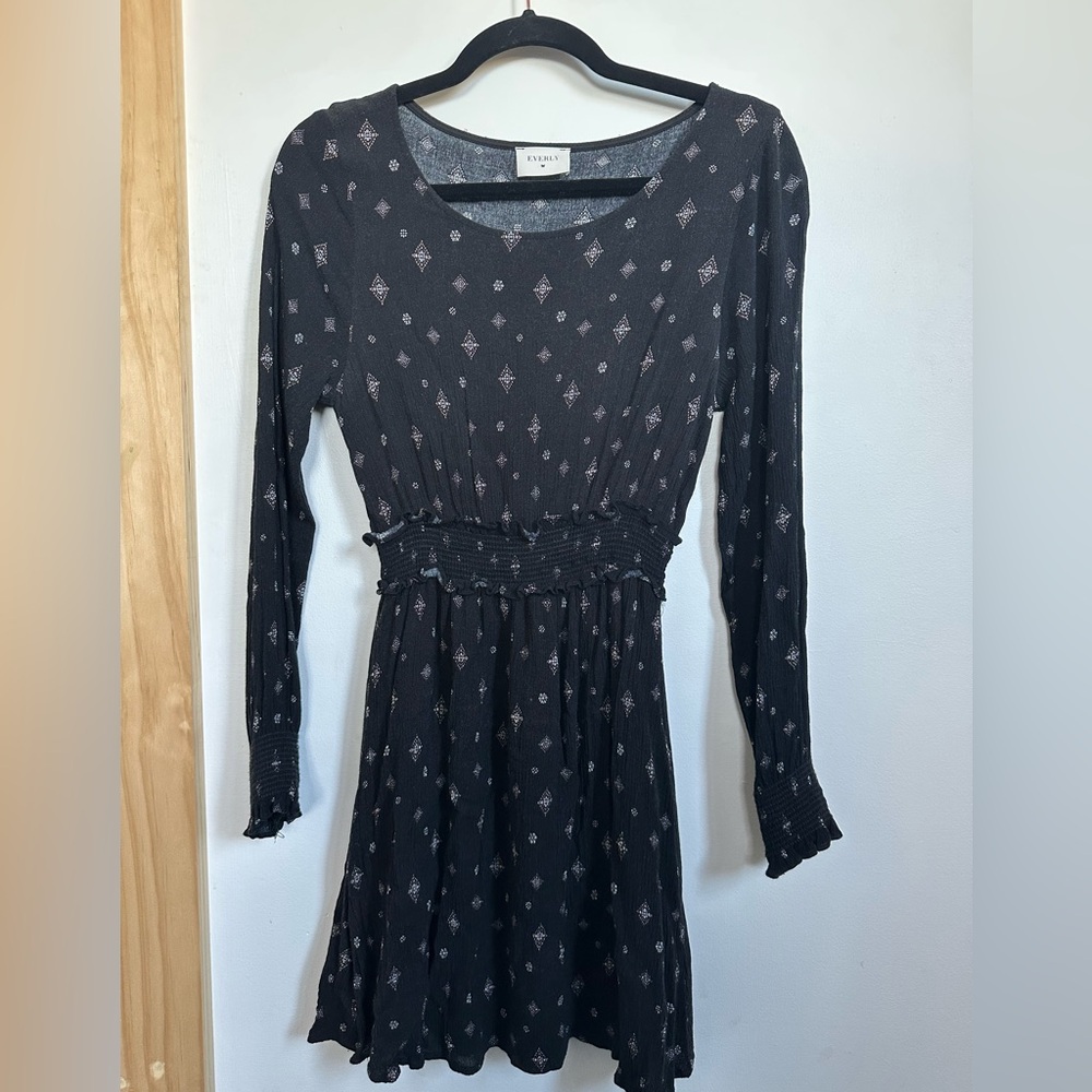 Everly Black Long Sleeve Dress with Geometric Pattern